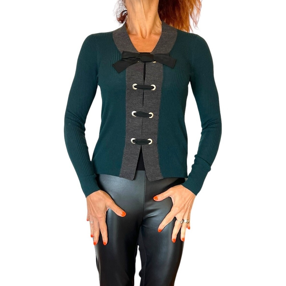 PAULE KA Green Black Colorblock Cardigan V-Neck Bow Rib Knit Wool ‎ Sweater S